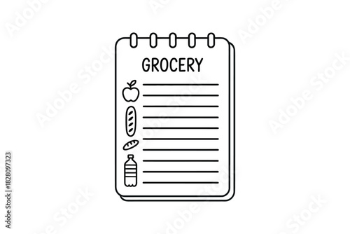 A grocery list with items and space for writing is displayed on a notepad.