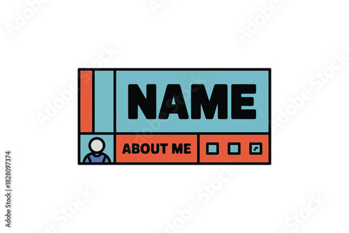 A stylized illustration of a name tag with 'NAME' and 'ABOUT ME' prominently displayed.