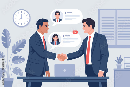 Two businessmen shake hands in an office setting, symbolizing a successful agreement and partnership.