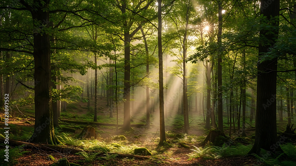 Obraz premium Sunlight Streaming Through Trees in Green Forest Scenic Landscape Featuring Sun Rays in Woodland Natural Environment of Woods with Moss Covered Ground and Ferns