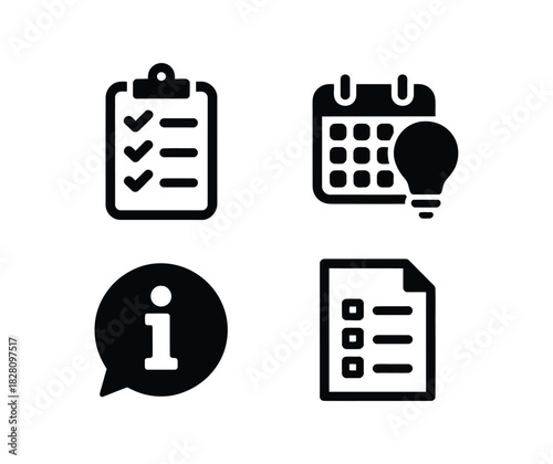 A checklist, calendar with a lightbulb, information symbol, and a document with a list represent planning and ideas for a project.