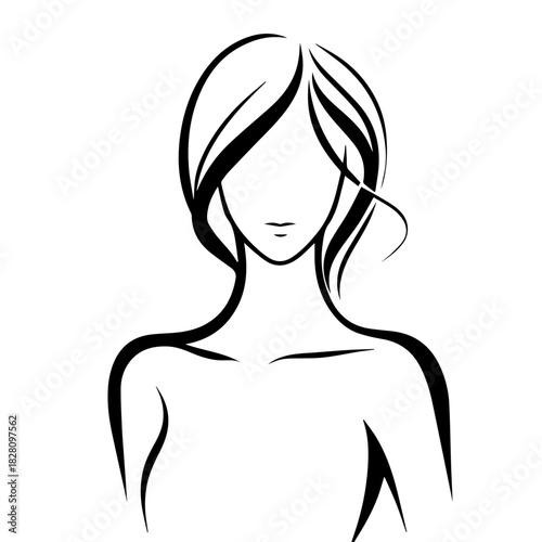 Black & white vector silhouette of minimalist female portrait outline on white background