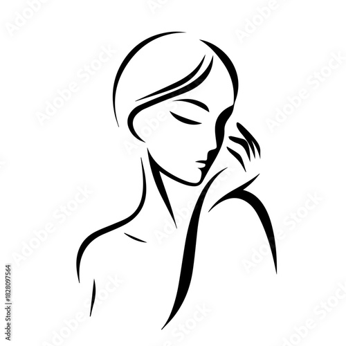 Black & white vector silhouette of minimalist female portrait outline on white background