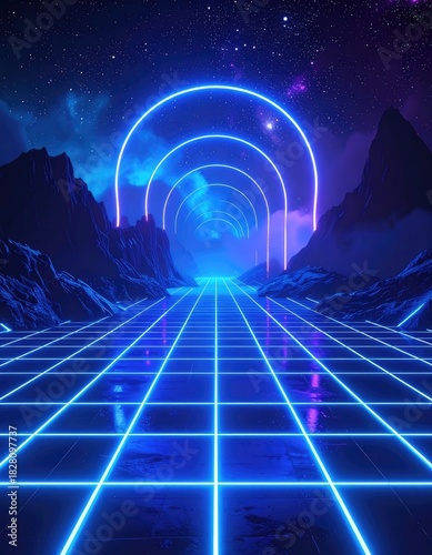 A vibrant neon grid landscape under a starry night sky framed by glowing arches and dark mountains.