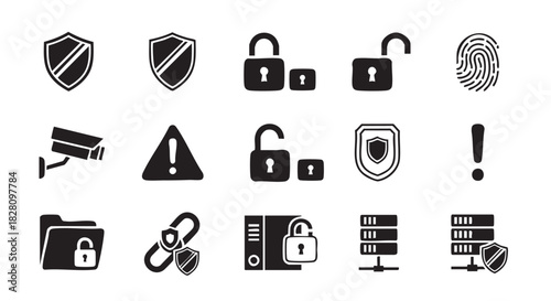 Security and safety icon set in black and white vector design