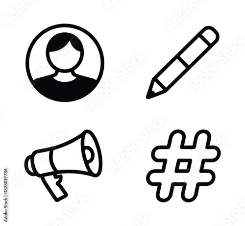 Icons representing communication, writing, promotion, and social media are displayed.