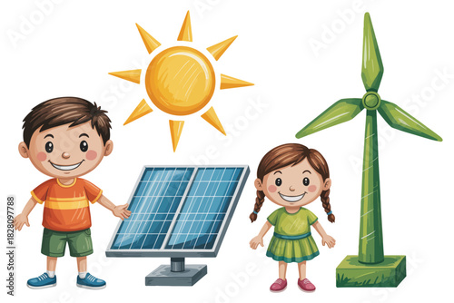 Children learn about renewable energy sources like solar and wind power, promoting a sustainable future.