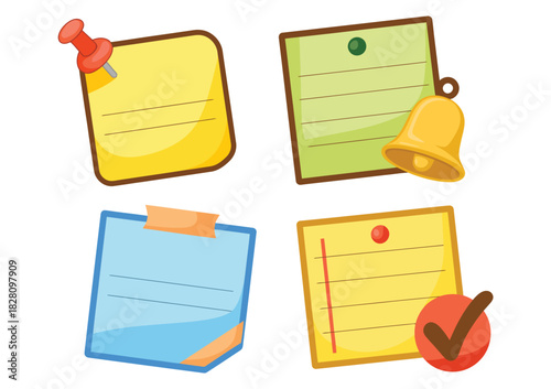 A collection of colorful sticky notes and reminders with icons like a bell and a checkmark on a white background.