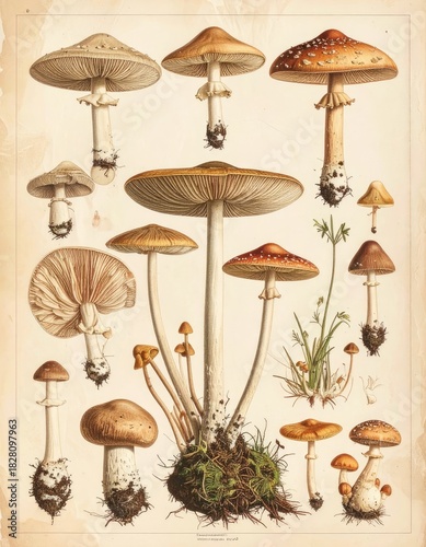 Vintage botanical illustration detailing various species of detailed mushrooms and fungi on aged paper.