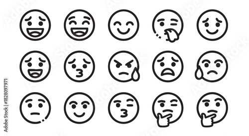 Set of Simple Black and White Emoji Icons for Web Design