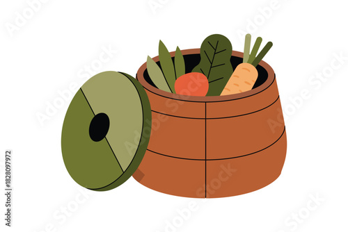 A wooden barrel filled with fresh vegetables sits with its lid ajar.