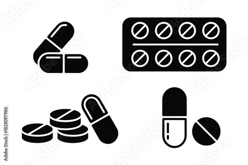 A collection of medical pills, capsules, and blister packs are depicted in a stylized graphic format.