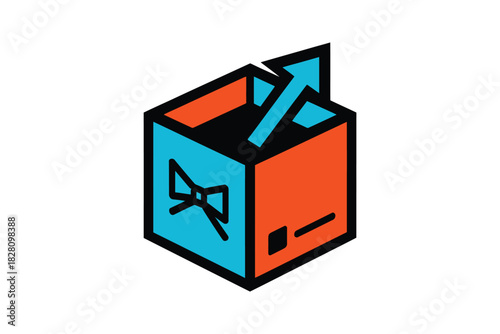 An abstract illustration of a box with an arrow pointing out, representing shipping and delivery.