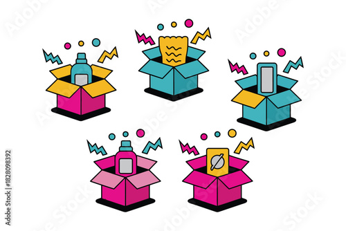 Five colorful boxes contain various items, creating a vibrant and dynamic composition.