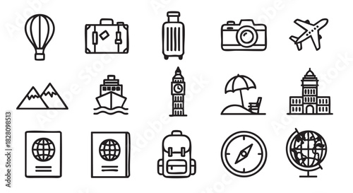Travel icons including passport suitcase mountains ship and hot air balloon