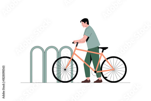 A person is parking a bicycle at a bike rack.