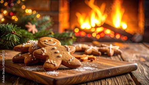 Warm holiday scene featuring gingerbread cookies by a crackling fireplace.