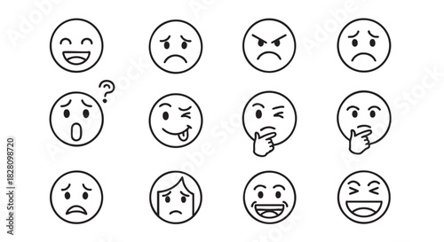 Collection of black and white emotion icons representing diverse feelings