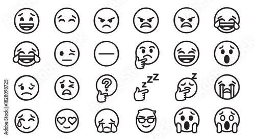 Collection of black and white emoticons expressing different human emotions