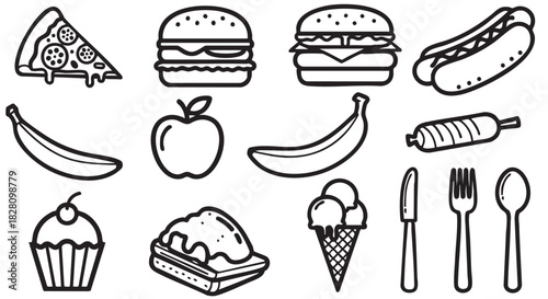 Collection of Black and White Food Icons for Various Uses