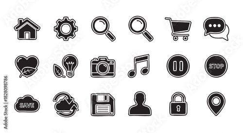 Collection of black and white icons representing diverse functions and concepts