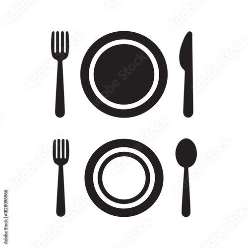 Minimalist Dining Set Icons – Plate, Fork, Knife and Spoon Symbols for Restaurant, Menu and Food Service Designs