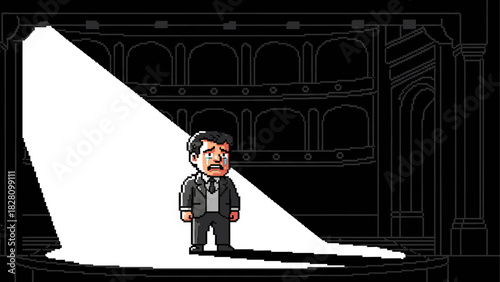 Pixel art man in a suit crying with tears on his face stands alone in a spotlight on a dark theater stage, representing failure, anxiety, and stage fright