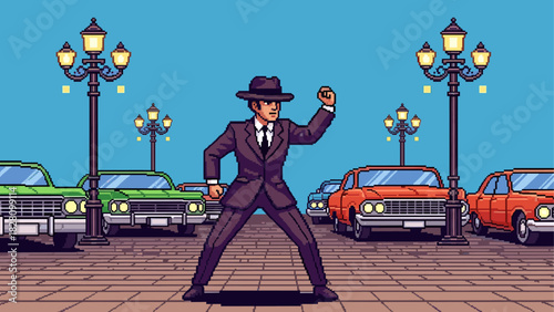 Pixelated character of a gangster dancing on a vintage city street surrounded by classic cars in a retro 8-bit video game art style