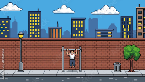 Pixel art illustration of a muscular man doing a pull-up on a horizontal bar on a city street with a brick wall and urban skyline in a retro 8-bit video game style