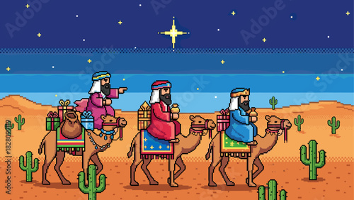 Three biblical kings riding camels with gifts travel through a desert at night following a bright star in a festive pixel art style illustration