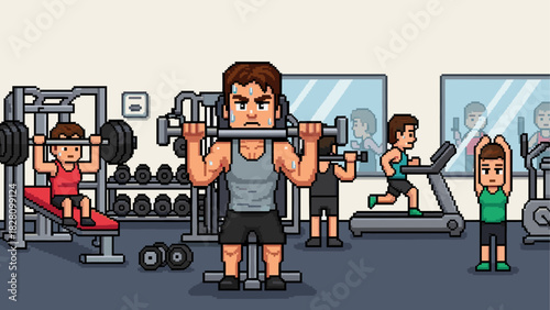 Pixel art illustration of people exercising in a busy gym with various workout equipment like barbells, treadmills, and weight racks in a retro 8-bit video game style