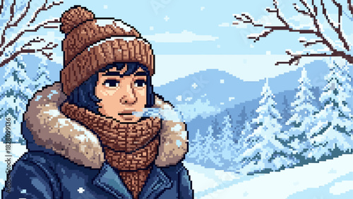 Pixel art character in a warm knitted hat and scarf exhaling visible breath in a cold, snowy winter landscape with mountains and trees in a retro video game style