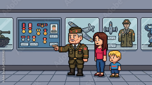 Pixel art military veteran guiding a woman and child through a history museum with exhibits of tanks, medals, and airplanes in a retro 8-bit video game style illustration