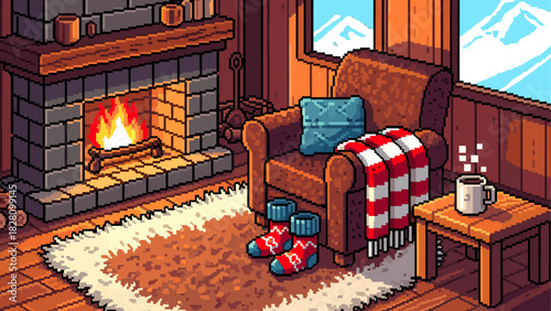 Cozy pixel art cabin interior scene with a warm burning fireplace, a comfortable armchair, and a view of snowy mountains through the window on a winter day
