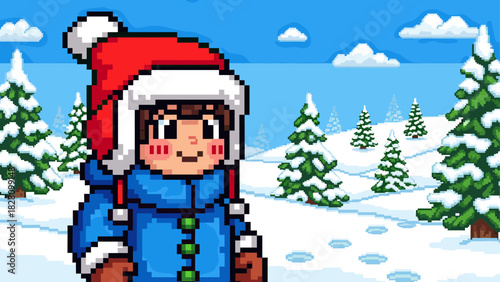 Cute pixel art character wearing a red winter hat and blue coat smiles happily in a snowy forest landscape with pine trees under a clear blue sky