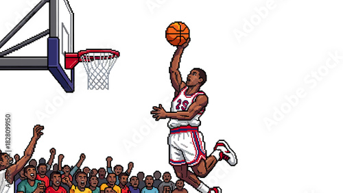 Pixel art basketball player in uniform jumping to slam dunk the ball in front of a cheering crowd, retro 8-bit video game style illustration isolated on a white background