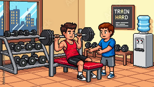 Two pixel art men training together in a gym, with one man lifting a heavy barbell on a bench press while his friend spots him in a retro 8-bit video game style illustration