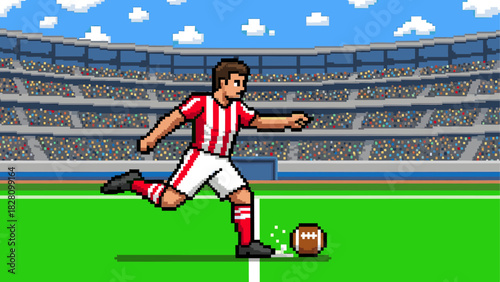 Pixel art soccer player in red uniform kicking a ball on a green field inside a large stadium full of spectators under a blue sky with clouds