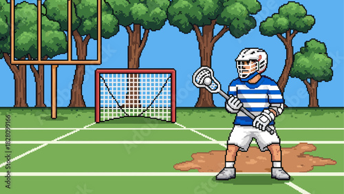 Pixel art lacrosse player wearing a helmet and striped uniform stands on a muddy field holding a crosse with a ball, ready to score a goal in a retro video game style