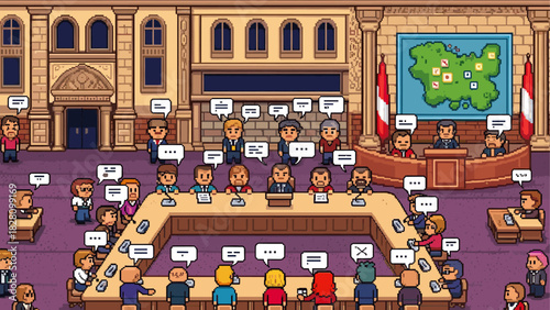 Pixel art illustration of a government assembly debating political issues in a grand parliament hall with many delegates, speech bubbles, and a map in the background