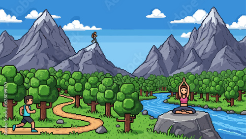 Pixel art landscape of people exercising outdoors in a beautiful mountain scene with a forest, river, and trail, illustrating a healthy and active lifestyle in a retro video game style
