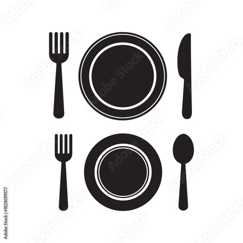 Minimalist Dining Set Icons – Plate, Fork, Knife and Spoon Symbols for Restaurant, Menu and Food Service Designs