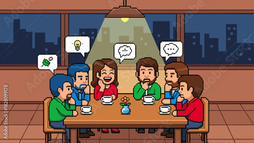 Group of pixel art characters brainstorming creative ideas together around a wooden table in a cozy cafe at night with a city view from the window