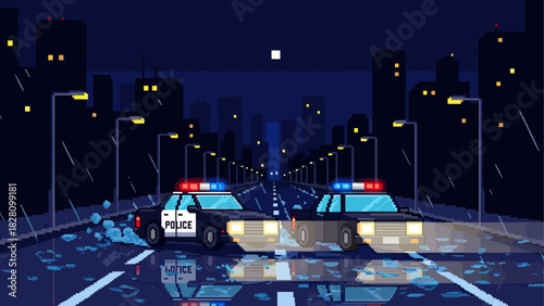 Two pixel art style police cars drive down a wet city street at night, their flashing sirens and headlights reflecting in rainy puddles on the asphalt