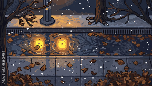 Pixel art street scene at night with falling snow and autumn leaves on a wet sidewalk reflecting a warm streetlight glow in a cozy, atmospheric illustration