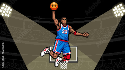Pixel art basketball player in mid-air dunking a ball with one hand under bright spotlights in a crowded stadium, retro 8-bit video game style illustration