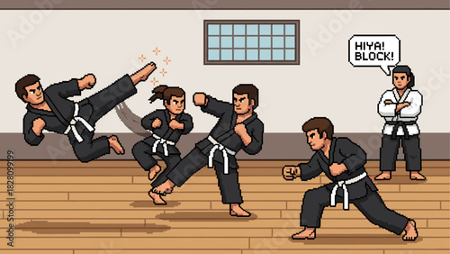 Pixel art illustration of martial artists training in a dojo with a sensei watching them practice kicks and punches in a retro video game style scene