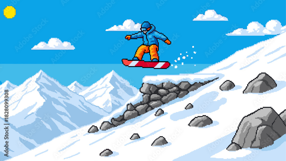 Fototapeta premium Retro 8-bit snowboarder character jumping high in the air from a snowy rock ledge in a vibrant pixelated winter mountain scene with a bright sun and blue sky