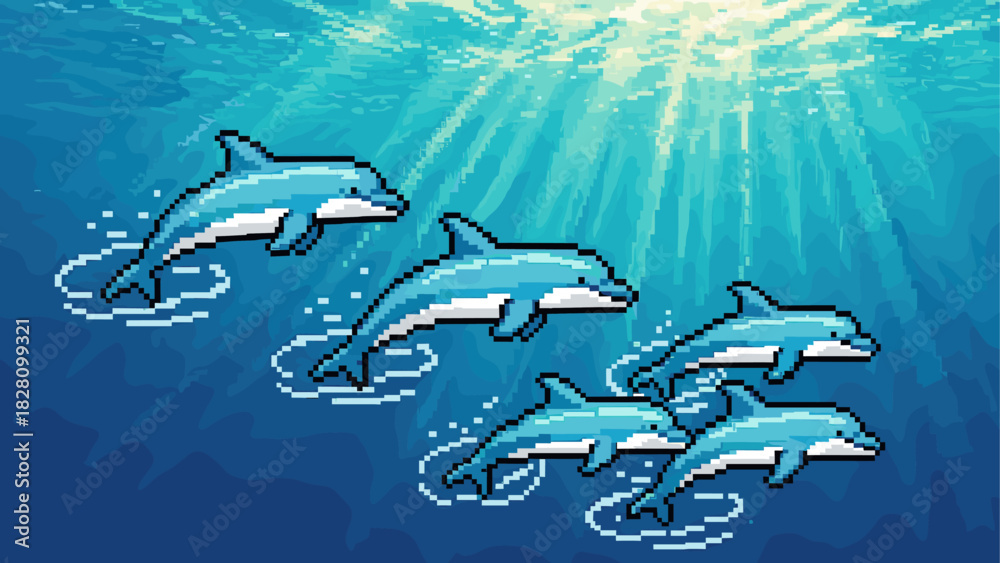 Fototapeta premium Five blue pixelated dolphins swimming gracefully underwater in a retro 8-bit video game style illustration with beautiful sunlight filtering through the turquoise sea