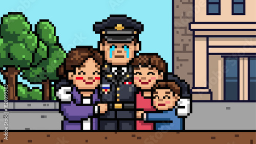 Pixel art family with a crying soldier reuniting with his wife and two children in an emotional homecoming scene, rendered in a retro 8-bit video game style